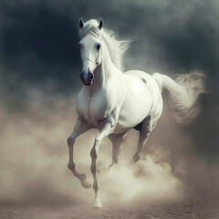 Running white horse shrouded in smoke. Abstract generative art