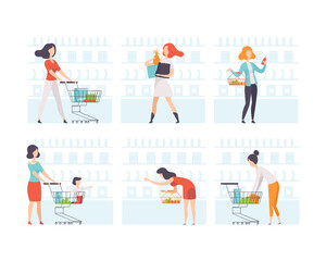 Woman Character at Grocery Store with Shopping Cart and Basket Near Shelf Vector Set