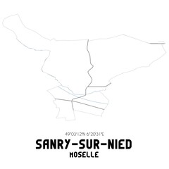 SANRY-SUR-NIED Moselle. Minimalistic street map with black and white lines.
