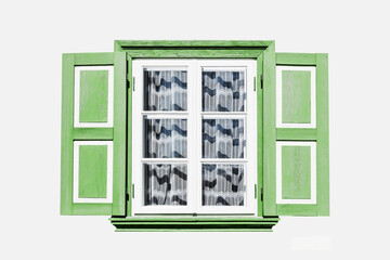 Wooden window village cottage house. Architecture texture. Green paint open window shutters. Object...
