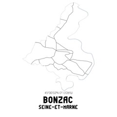 BONZAC Seine-et-Marne. Minimalistic street map with black and white lines.