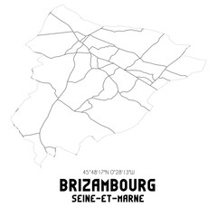 BRIZAMBOURG Seine-et-Marne. Minimalistic street map with black and white lines.