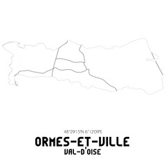 ORMES-ET-VILLE Val-d'Oise. Minimalistic street map with black and white lines.