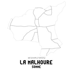 LA MALHOURE Somme. Minimalistic street map with black and white lines.