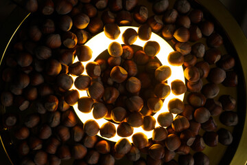 A glowing circle in a group of many fresh unshelled hazelnuts
