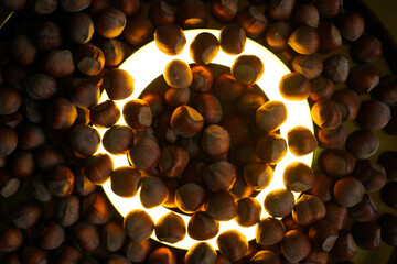 A glowing circle in a group of many fresh unshelled hazelnuts