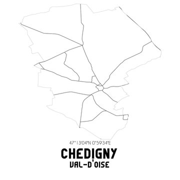 CHEDIGNY Val-d'Oise. Minimalistic street map with black and white lines.