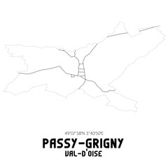 PASSY-GRIGNY Val-d'Oise. Minimalistic street map with black and white lines.