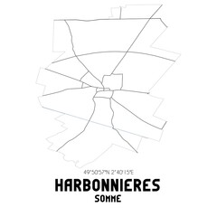 HARBONNIERES Somme. Minimalistic street map with black and white lines.