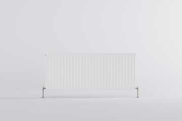 White radiator on a white background. The concept of heating the house, apartment. Heating the house with a heater. 3D render, 3D illustration.