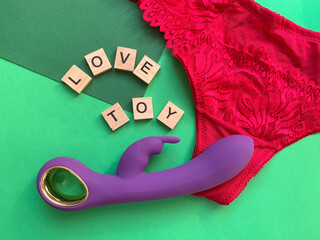 Sex toy. Rabbit vibrator and red pants on green background. Lettering LOVE TOY. Useful for sex...