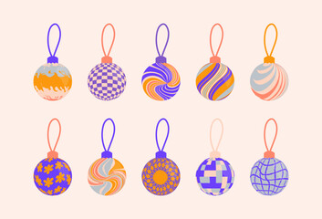 Vector set of Retro Groovy and Hippie isolated Christmas ornaments. Checkerboard, chessboard, mesh, waves patterns. Twisted and distorted texture in trendy retro psychedelic style. Y2k aesthetic.