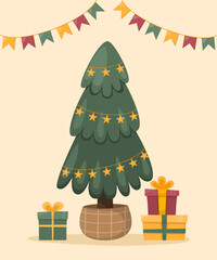The tree is decorated with balls, garlands, lamps, a star, gift boxes. Christmas tree. Merry Christmas. Happy New Year. Vector image, illustration