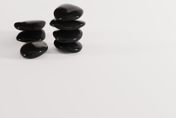 Black decorative stones on a light background. The concept of furnishing a room, apartment, house. Black pebbles. 3D render, 3D illustration.