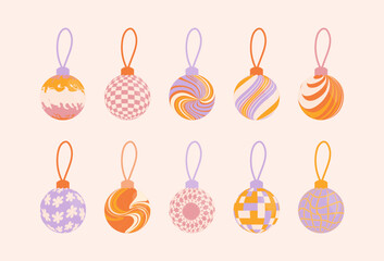 Vector set of Retro Groovy and Hippie isolated Christmas ornaments. Checkerboard, chessboard, mesh, waves patterns. Twisted and distorted texture in trendy retro psychedelic style. Y2k aesthetic.