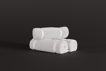 White towels on a dark background. Concept of massage, towel use, hospitality. Taking care of personal hygiene. 3D render, 3D illustration.
