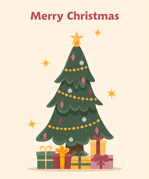 The tree is decorated with balls, garlands, lamps, a star, gift boxes. Christmas tree. Merry Christmas. Happy New Year. Vector image, illustration