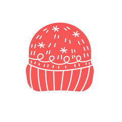 Cute winter knitted hat. Decorative winter head cover. Vector illustration. Flat design winter holiday designs.