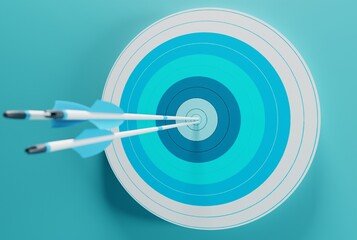 Close-up view of the Target with embedded arrows. Archery target on a blue background. The concept of fulfilling the goal, striving to implement plans. 3D render, 3D illustration.