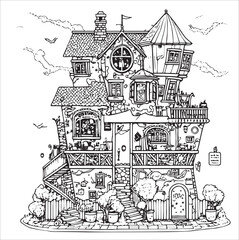 Abstract vintage house in coloring book style