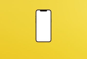 A phone with a blank screen. Mobile phone content replenishment concept. Smartphone on a yellow background. 3D render, 3D illustration.