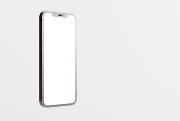 A phone with a blank screen. Mobile phone content replenishment concept. Smartphone on a light background. 3D render, 3D illustration.
