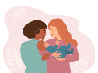 A couple of lesbian women are holding a baby in their arms. A happy family with a child. The girls hug. Vector graphics.