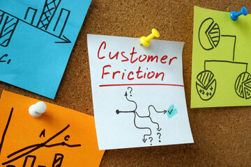 Stickers about customer friction pinned to the board.