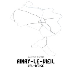 AINAY-LE-VIEIL Val-d'Oise. Minimalistic street map with black and white lines.