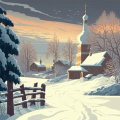 Vector illustration of Ukranian orthodox church in winter landscape - obrazy, fototapety, plakaty