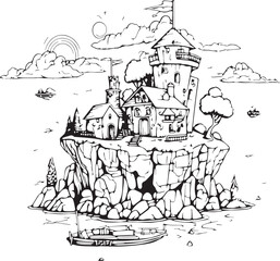 Coloring book style tiny island