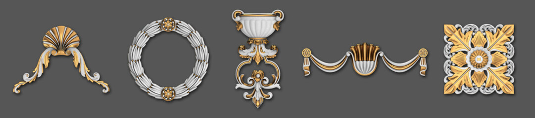 Noble festive white and gold vintage style embellishment design badges isolated on gray background