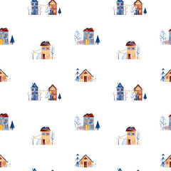 Village landscape in cartoon style, winter street. Watercolor holiday pattern, a great design for any purpose. White background