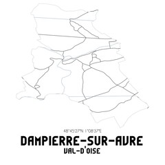 DAMPIERRE-SUR-AVRE Val-d'Oise. Minimalistic street map with black and white lines.