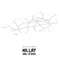 MILLAY Val-d'Oise. Minimalistic street map with black and white lines.