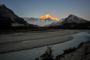 View of snowcapped peak Cerro San Lorenzo at sunrise in Patagonia, Argentina