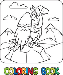 Funny vulture on the rock. Kids coloring book