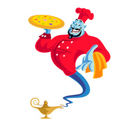persian tale character chef genie with pizza from the aladdin's magic lamp.