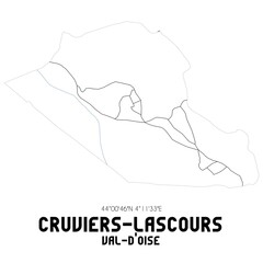 CRUVIERS-LASCOURS Val-d'Oise. Minimalistic street map with black and white lines.