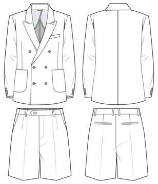 Men's Double Breast Notch Lapel Blazer Jacket Full Suit With Formal Shorts Pants Flat Sketch Fashion Illustration Technical Drawing With Front And Back View