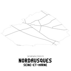 NORDAUSQUES Seine-et-Marne. Minimalistic street map with black and white lines.