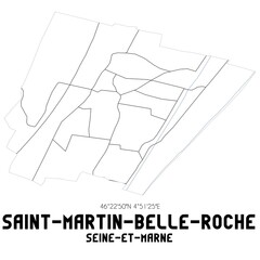 SAINT-MARTIN-BELLE-ROCHE Seine-et-Marne. Minimalistic street map with black and white lines.