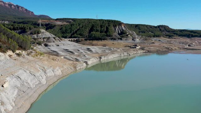 Tiermas, Spain - November 10, 2022: The Termas de Tiermas Embalse de Yesa, Zaragoza. You can only enjoy a few days and after a dry summer, the rest of the year is covered by the Reservoir.