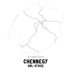 CHENNEGY Val-d'Oise. Minimalistic street map with black and white lines.