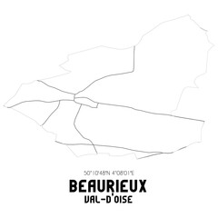 BEAURIEUX Val-d'Oise. Minimalistic street map with black and white lines.