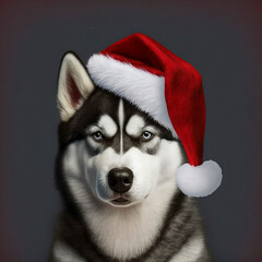 Illustration of a cute husky wearing a Santa hat