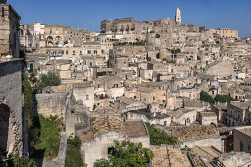 Fototapeta na wymiar MATERA, ITALY - OCTOBER 17, 2022: View of the old town with the Cathedral in the background