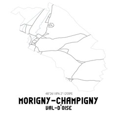 MORIGNY-CHAMPIGNY Val-d'Oise. Minimalistic street map with black and white lines.