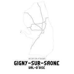 GIGNY-SUR-SAONE Val-d'Oise. Minimalistic street map with black and white lines.