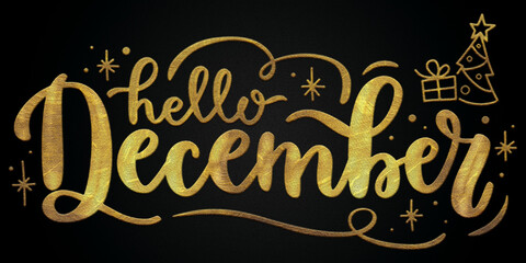 Hello December golden calligraphy design banner